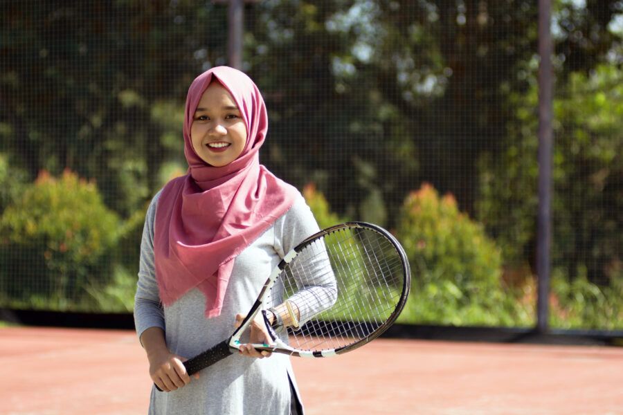 Portrait,Of,Amateur,Hijab,Female,Tennis,Player,With,Head,Scarf